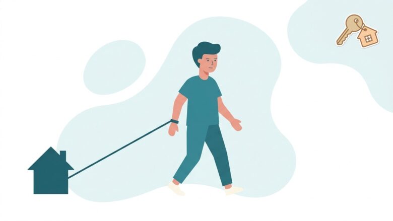 家から伸びた1本の線が手首につながったまま歩き出す人物のイラスト
