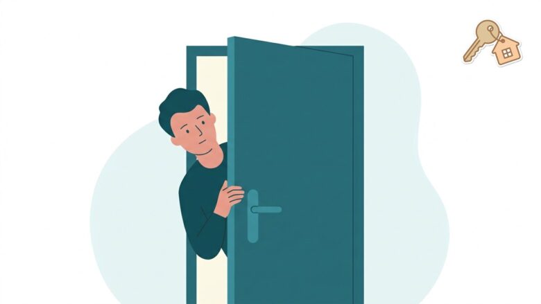 閉じた扉を少しだけ開けて、隙間から漏れる光をのぞき込む人物のイラスト